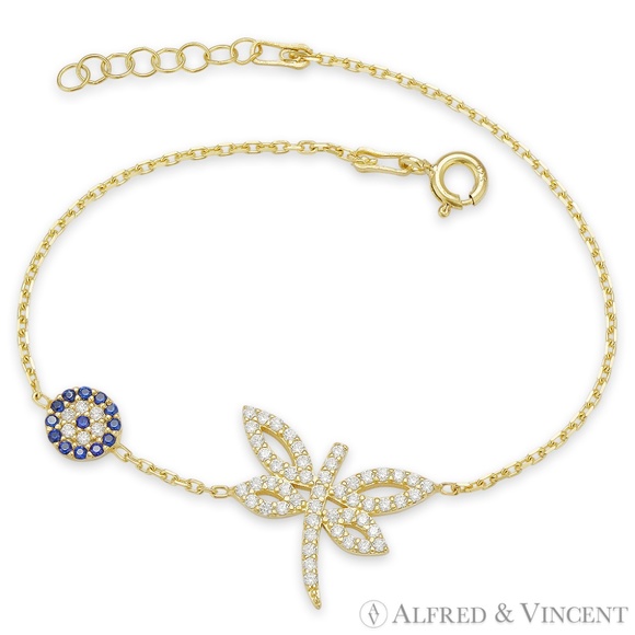 Alfred & Vincent Jewelry - Dragonfly & Evil Eye Nazar Charm Bracelet CZ Crystals in .925 Sterling Silver